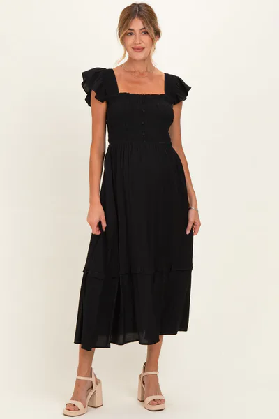 PinkBlush Black Button Accent Smocked Ruffle Maternity Midi Dress