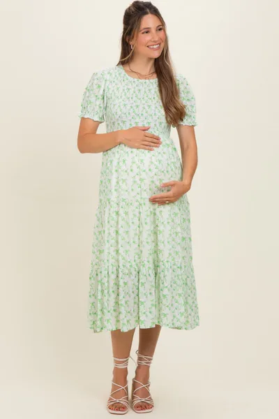 PinkBlush Light Green Rose Floral Smocked Puff Sleeve Maternity Midi Dress