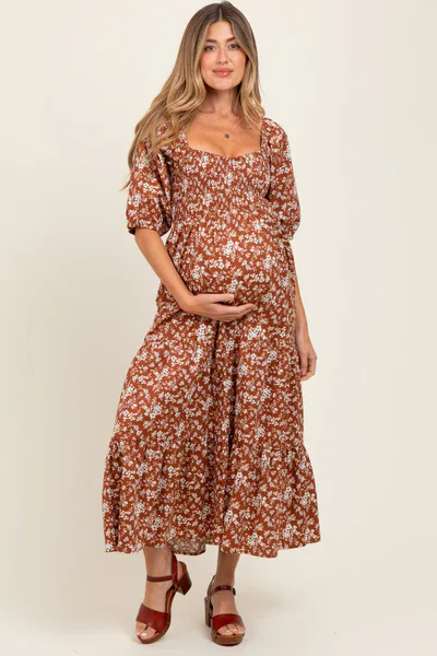 PinkBlush Rust Floral Smocked Puff Sleeve Maternity Maxi Dress
