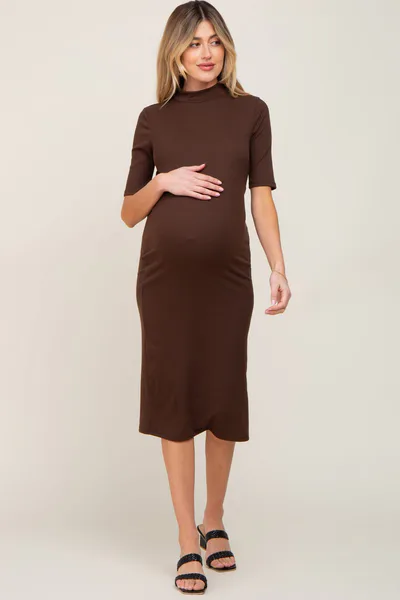 PinkBlush Brown Ribbed Mock Neck Maternity Midi Dress
