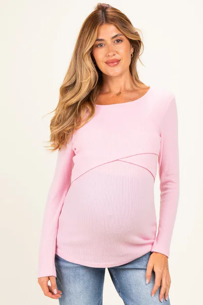 PinkBlush Light Pink Ribbed Crossover Maternity/Nursing Top