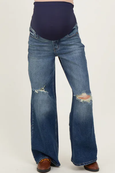 PinkBlush Navy Distressed Open Knee Baggy Wide Leg Maternity Jeans