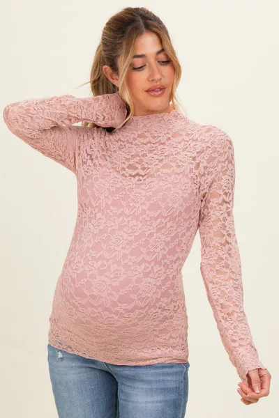 PinkBlush Dusty Mauve High Neck Fitted Sheer Lace Maternity Top