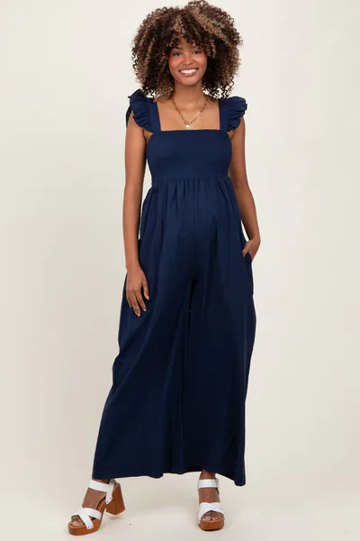 PinkBlush Navy Ruffle Strap Smocked Wide Leg Maternity Jumpsuit