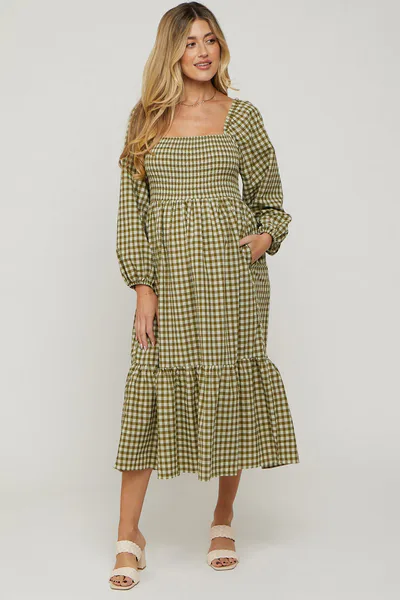 PinkBlush Olive Gingham Long Sleeve Maternity Midi Dress