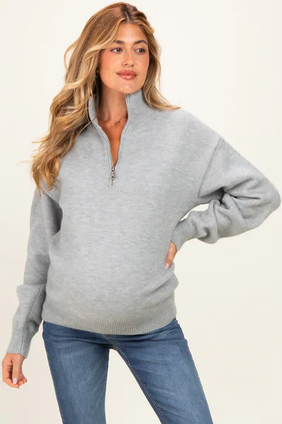 PinkBlush Grey Half Zip Mock Neck Maternity Sweater