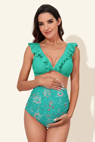 Summer Mae High-Waist Maternity Bikini Set with Flounce Top
