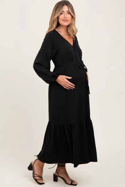 PinkBlush Black Elegant Long Sleeve Waist Tie Maternity Midi Dress