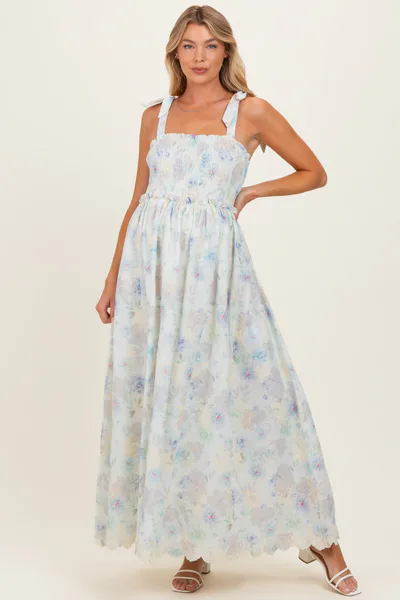 PinkBlush Blue Floral Smocked Shoulder Tie Maternity Maxi Dress