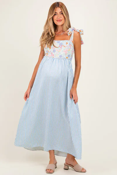 PinkBlush Blue Striped Sleeveless Smocked Floral Maternity Maxi Dress