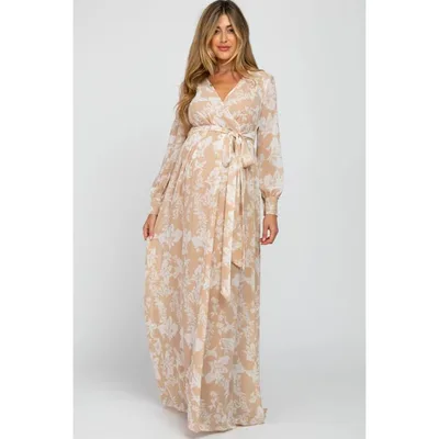 Target PinkBlush Taupe Floral Chiffon Maternity Maxi Dress Taupe Small