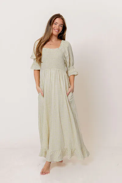 Worth Collective Sienna 100% Cotton Puff Sleeve Maxi Dress in Green Haze Plaid (Lined) - Bump Friendly