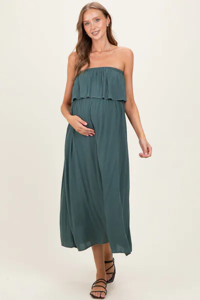 PinkBlush Ash Jade Woven Crinkle Flounce Strapless Maternity Maxi Dress