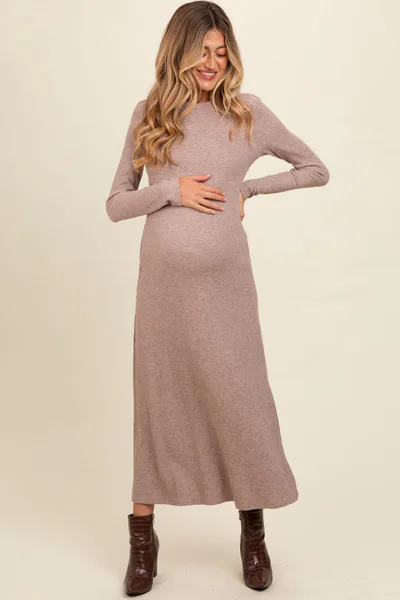 PinkBlush Mocha Ribbed Knit Side Slit Maternity Midi Dress