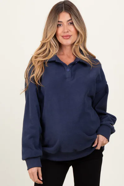 PinkBlush Navy Fleece Collared Button Up Maternity Pullover