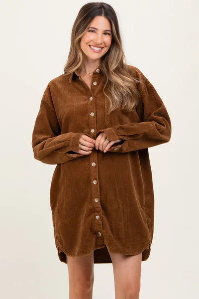 PinkBlush Camel Corduroy Maternity Shirt Mini Dress