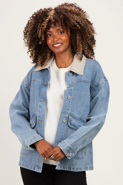 PinkBlush Washed Denim Button Down Oversized Maternity Jacket