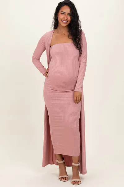 PinkBlush Mauve Ribbed Sleeveless Dress Cardigan Maternity Set