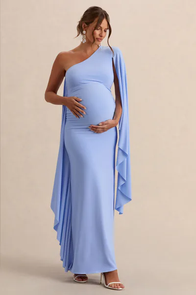 Club L London Shanae | Light Blue Asymmetric-Neck Maternity Maxi Dress With Cape Sleeve And Gathered Detailing