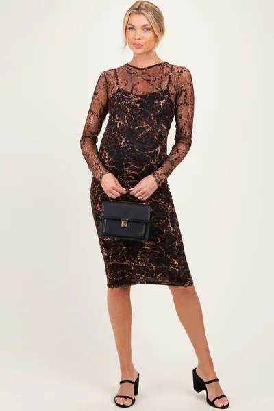 PinkBlush Black Animal Print Mesh Maternity Midi Dress