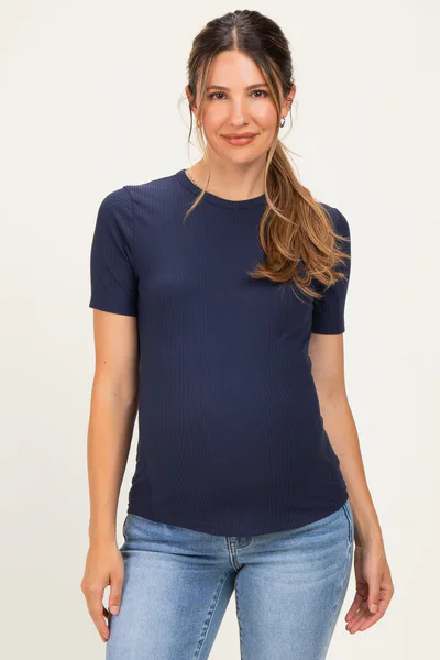 PinkBlush Navy Brushed Ribbed Knit Maternity Crewneck Tee