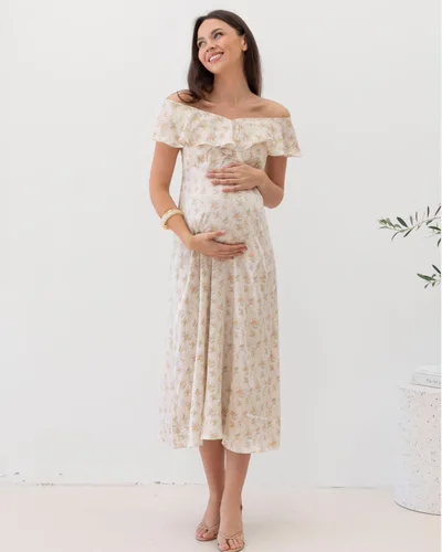 Angel Maternity Mika Maternity Ruffle Dress in Cream Floral Silky