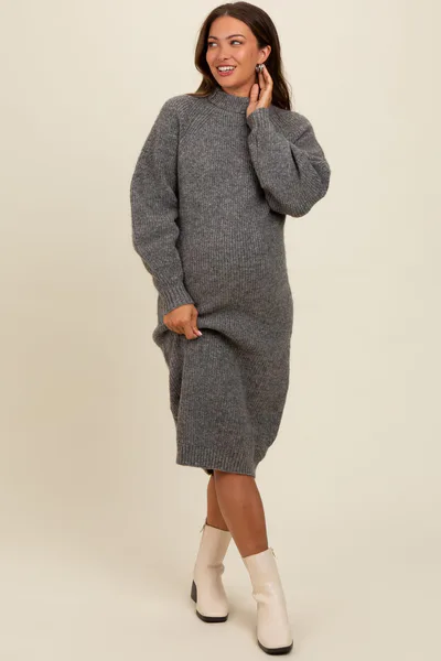 PinkBlush Charcoal Mock Neck Bubble Sleeve Maternity Midi Sweater Dress