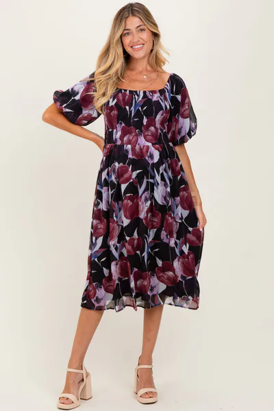 PinkBlush Plum Tulip Floral Smocked Puff Sleeve Maternity Midi Dress