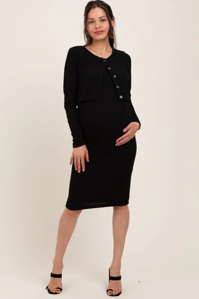 PinkBlush Black Crop Cardigan And Sleeveless Dress Maternity Set