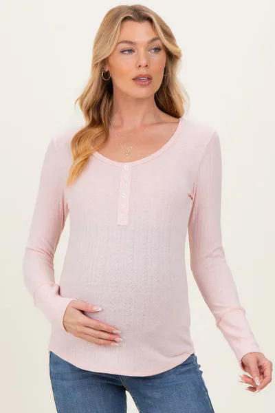 PinkBlush Light Pink Pointelle Knit Maternity Henley Top