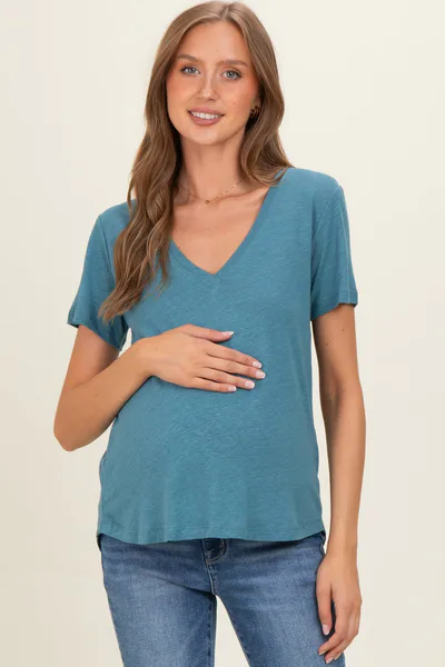 PinkBlush Teal Linen Blend V-Neck Short Sleeve Maternity T-Shirt