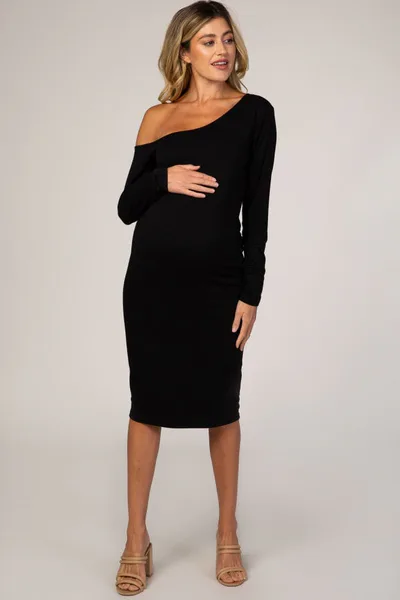 PinkBlush PinkBlush Black One Shoulder Fitted Midi Maternity Dress