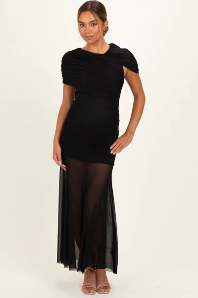 PinkBlush Black Draped Bodice Ruched Mesh Maternity Maxi Dress