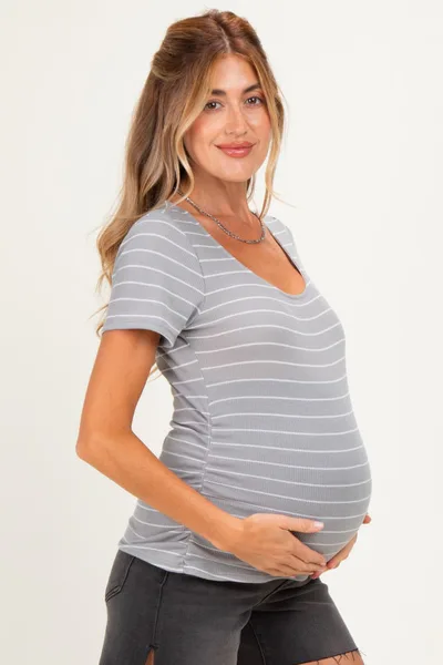PinkBlush Grey Stripe Ruching Short Sleeve Maternity Top
