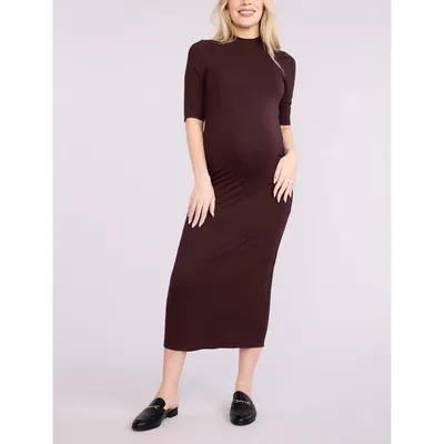 Target Women's Mock Neck 3/4 Sleeve Ribbed Maternity Maxi Dress - Tawny Port - Size: Small - Motherhood Maternity