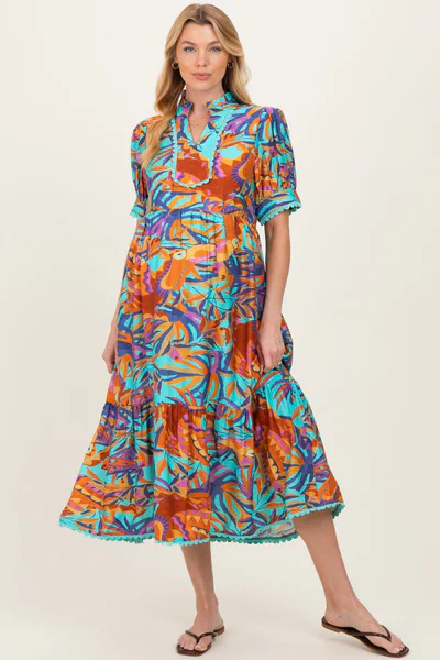 PinkBlush Aqua Mix Leaf Print Pocketed Maternity Midi Dress