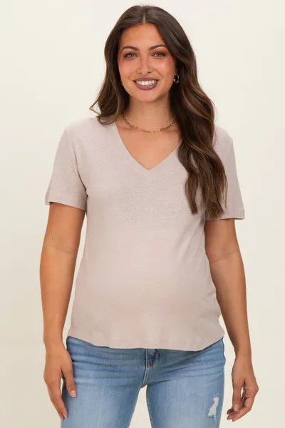 PinkBlush Khaki Linen Blend V-Neck Short Sleeve Maternity T-Shirt