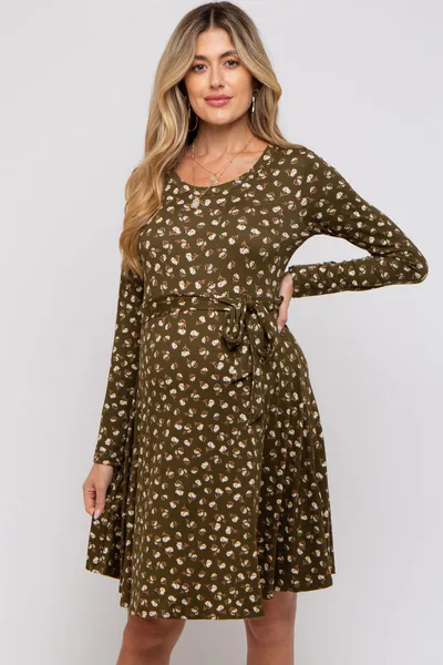 PinkBlush Olive Floral Soft Knit Long Sleeve Maternity Dress