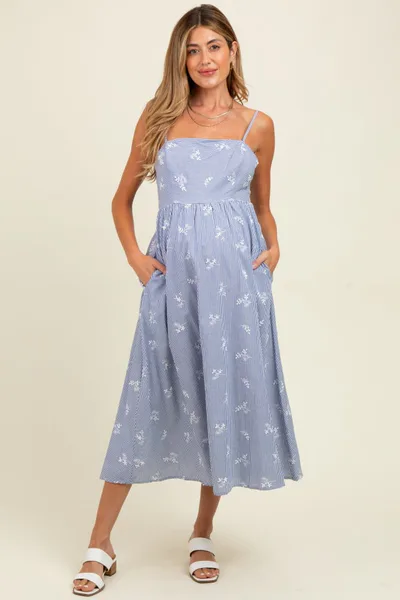 PinkBlush Blue Striped Embroidered Tie Back Cutout Maternity Midi Dress