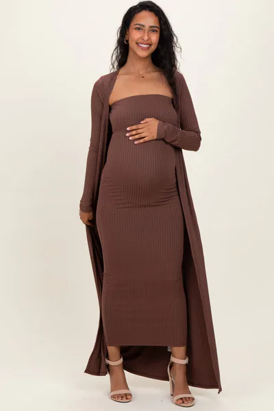 PinkBlush Brown Ribbed Sleeveless Dress Cardigan Maternity Set
