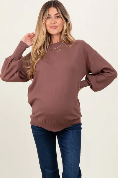 PinkBlush Brown Fine Knit Balloon Sleeve Maternity Sweater