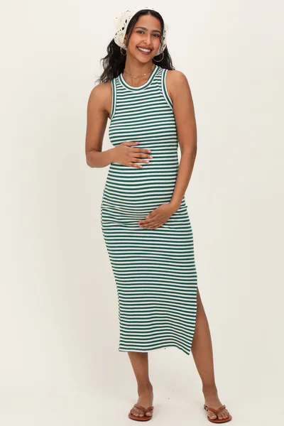 PinkBlush Green Striped Side Slit Maternity Tank Dress