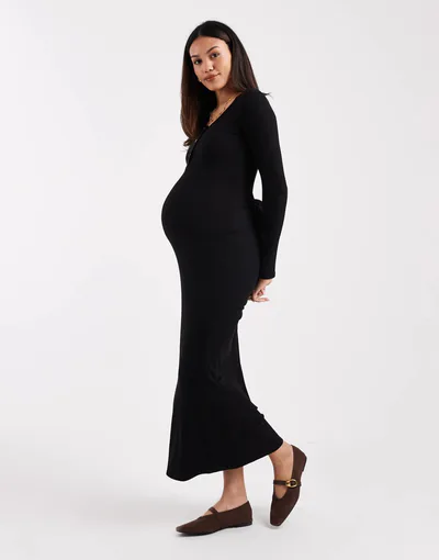 ASOS ribbed scoop neck button midi dress with tie detail in black