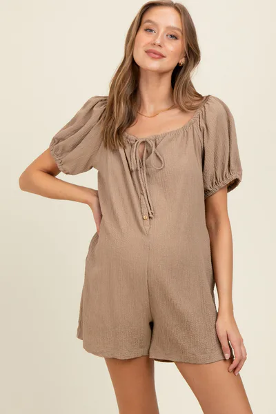PinkBlush Mocha Button Up Front Tie Puff Sleeve Maternity Romper