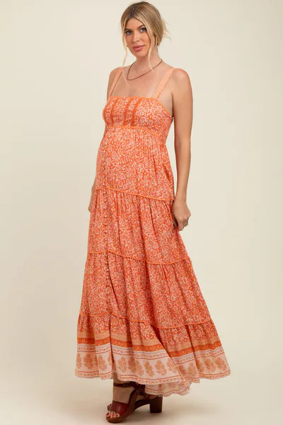 PinkBlush Orange Border Print Sleeveless Maternity Maxi Dress