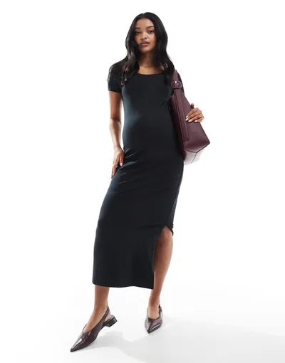 ASOS Mamalicious Maternity scoop neck short sleeve jersey midi dress in black