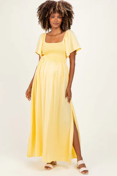 PinkBlush Yellow Chambray Smocked Maternity Maxi Dress