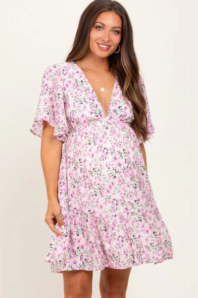 PinkBlush Pink Floral V-Neck Flutter Sleeve Maternity Mini Dress