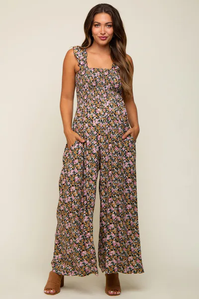 PinkBlush Black Sleeveless Floral Smocked Ruffle Maternity Jumpsuit