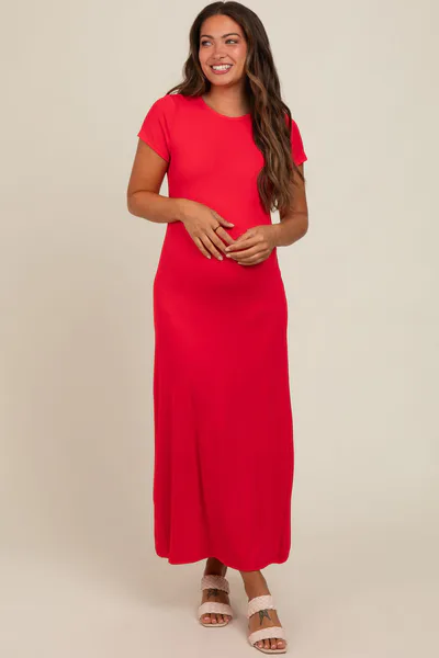 PinkBlush Red Short Sleeve Maternity Midi T-Shirt Dress